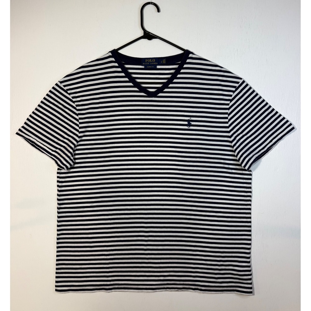 Polo Ralph Lauren Classic Fit Navy Striped V-Neck Short Sleeved Coastal Prep